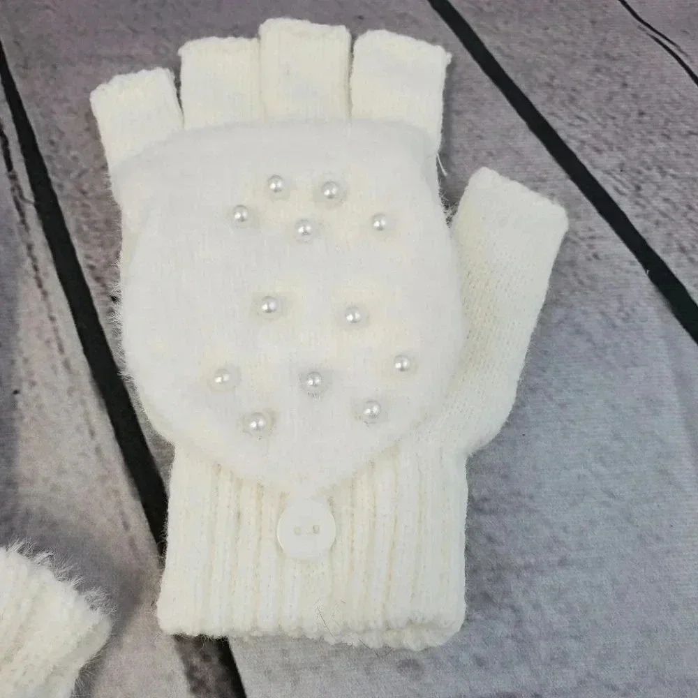 White Knit hat with Super Pom and Faux Pearl Accents Hat and Fingerles Glove set